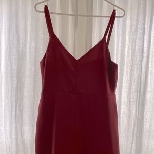 Madewell, maroon jumpsuit with sweetheart neckline, excellent detailing.